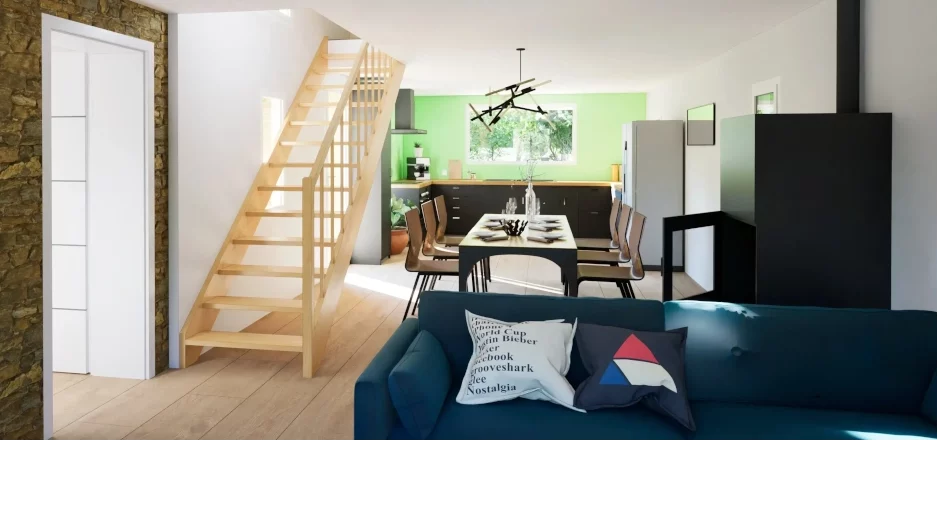 Vue depuis le salon vers la cuisine et l'espace de repas avec l'escalier menan tà l'étage